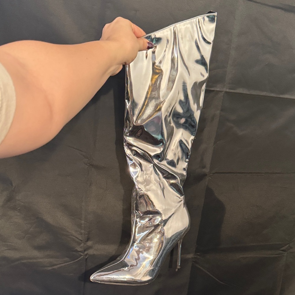 Miss Lola Shiny Silver Heeled Boots